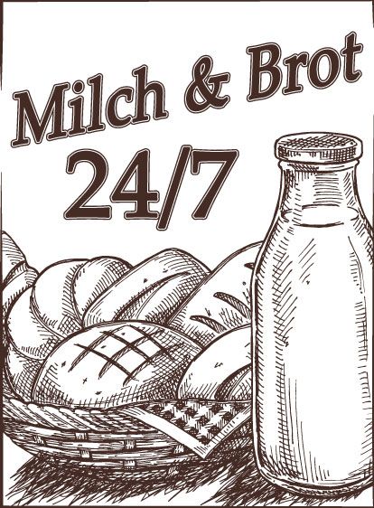 Grafik mit Gebäck im Brotkorb sowie einer Flasche Milch mit der Überschrift "Milch & Brot - 24/7"
